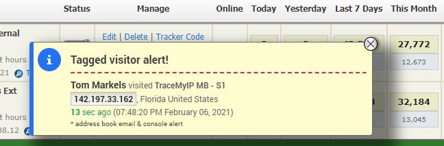 <p>Visitor Console Alerts - the console alerts work together with email alerts and notify users of a tagged visitor activity. The console alerts can either be configured as real-time popup notifications or compact single-line notifications that can be opened to see a full list of recent visitor activity alerts.</p>