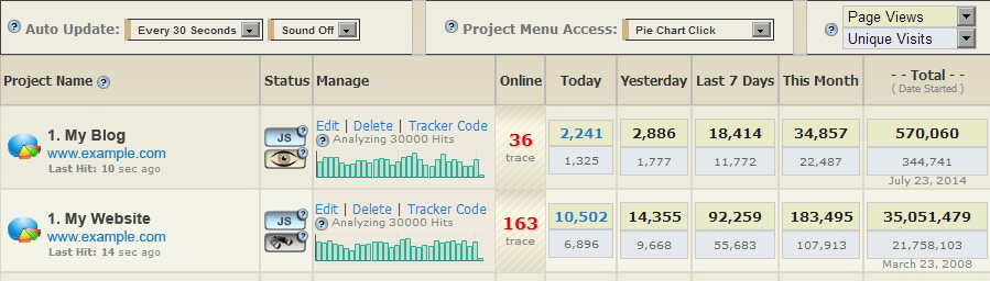 <p>Project Summary screen, enables viewing all website and blog stats on a single page. These include current visitors online, today, yesterday, last 7 days, this month, and the total. Sound notifications are available when new visitors come to the site. The 30-day mini bar graph shows website page load activity over time.</p>