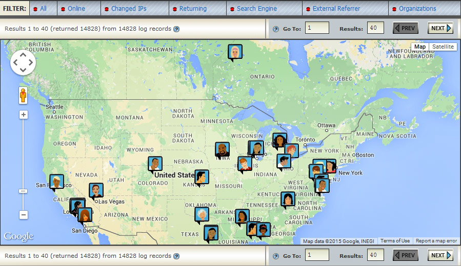 <p>Zoomable visitor map shows all visitors available in the real-time log. By clicking on each visitor icon, a new report is generated with detailed visitor activity, page view times, physical location, and other information.</p>