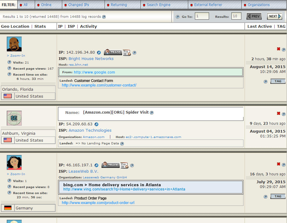 <p>Visitor IP Log shows individual visitors and their activity on a page level. If a visitor is online, he or she will be highlighted. Visitors can be tagged and tracked for IP changes over an extended period of time.</p>