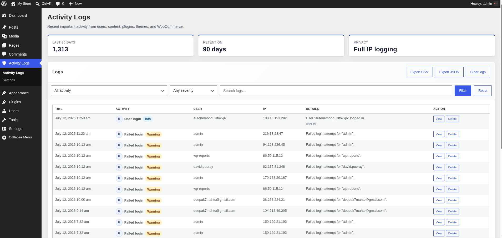 Activity Logs dashboard with summary cards, filters, exports, and the audit log table.