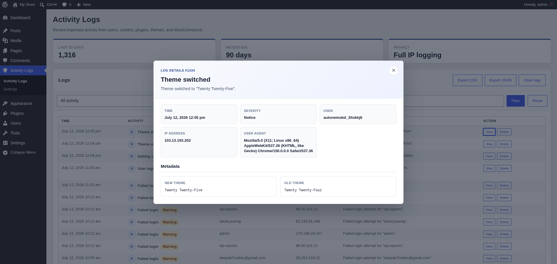 Log details modal with event context, severity, user, IP address, user agent, and metadata.
