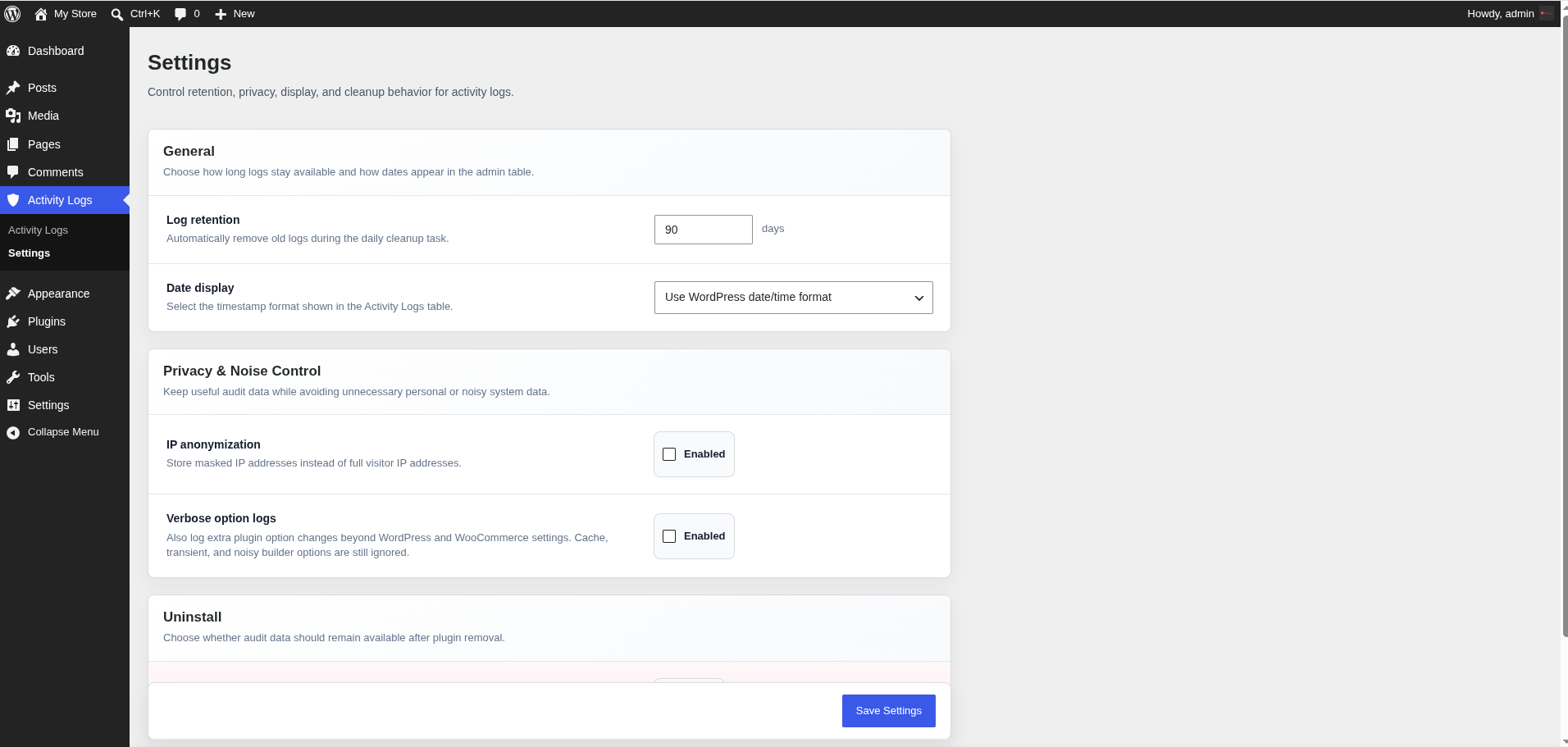 Settings screen for retention, privacy, date display, noisy option logs, and uninstall behavior.