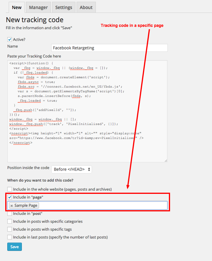 Include tracking code in specific page