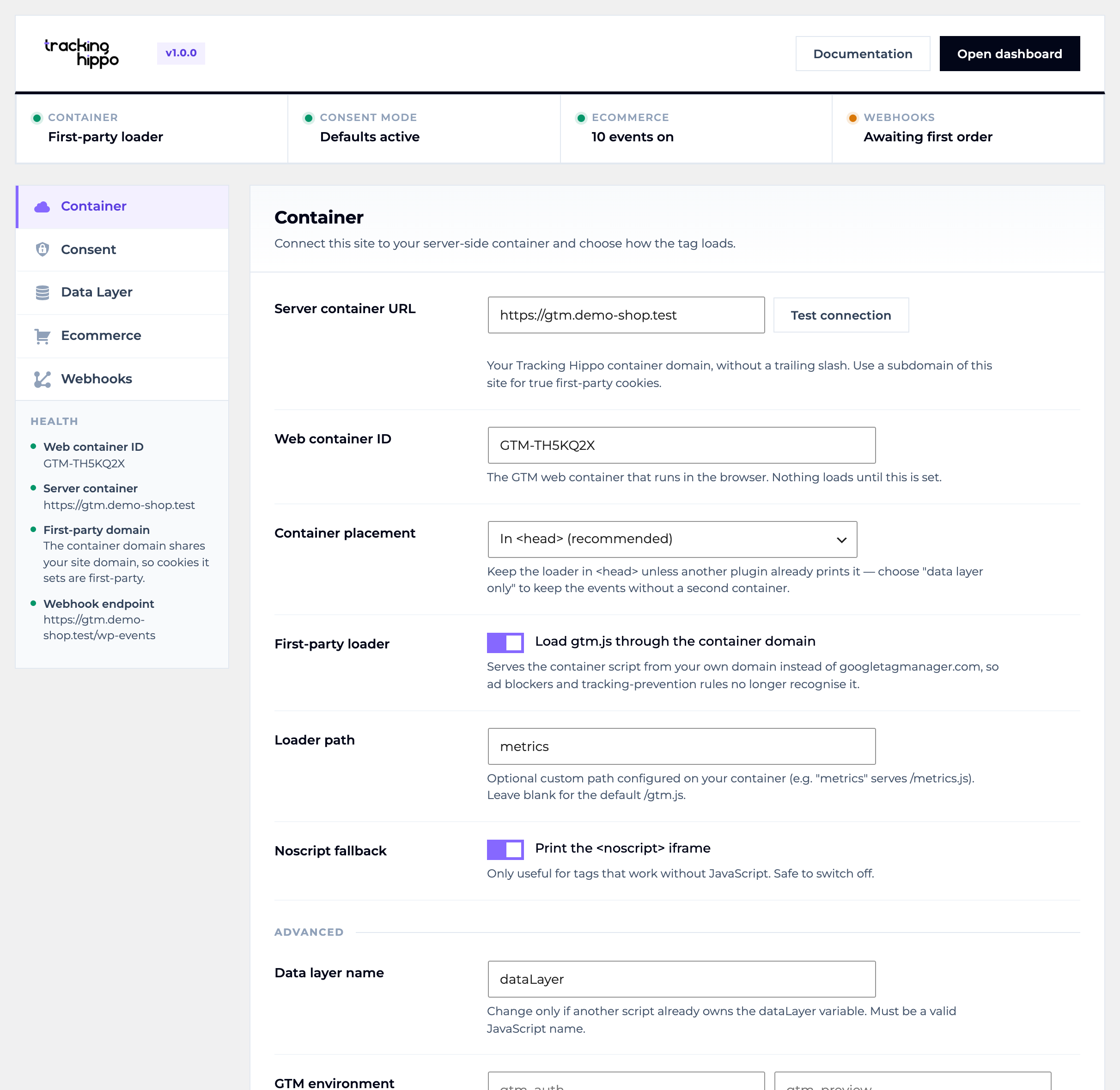 The Container tab — server container URL, web container ID, first-party loader and custom loader path, with the health panel showing live status for the container, Consent Mode, ecommerce and webhooks.