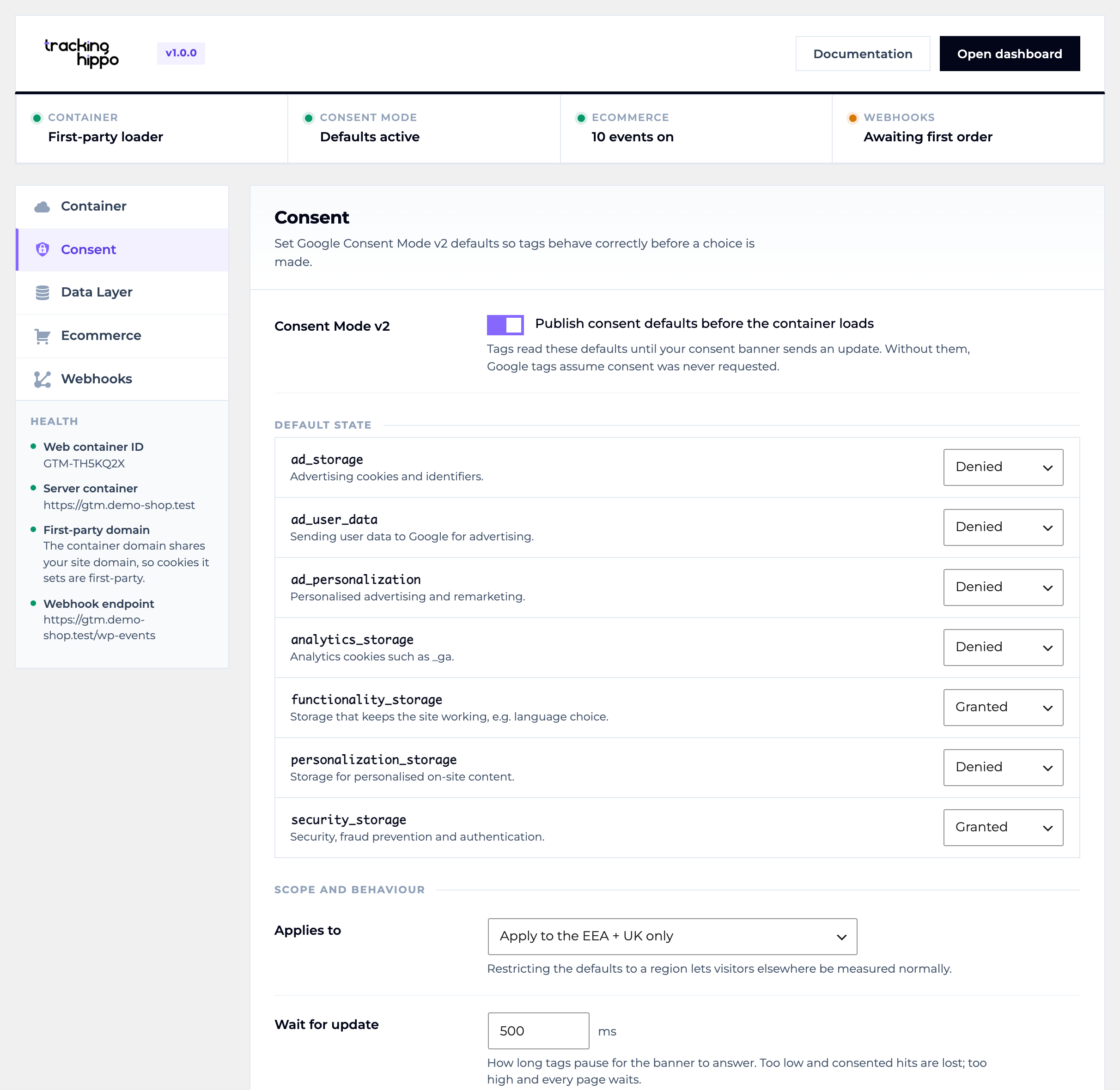 Consent Mode v2 defaults for all seven signals, targeted at the EEA and UK, with wait_for_update, ads_data_redaction and url_passthrough.