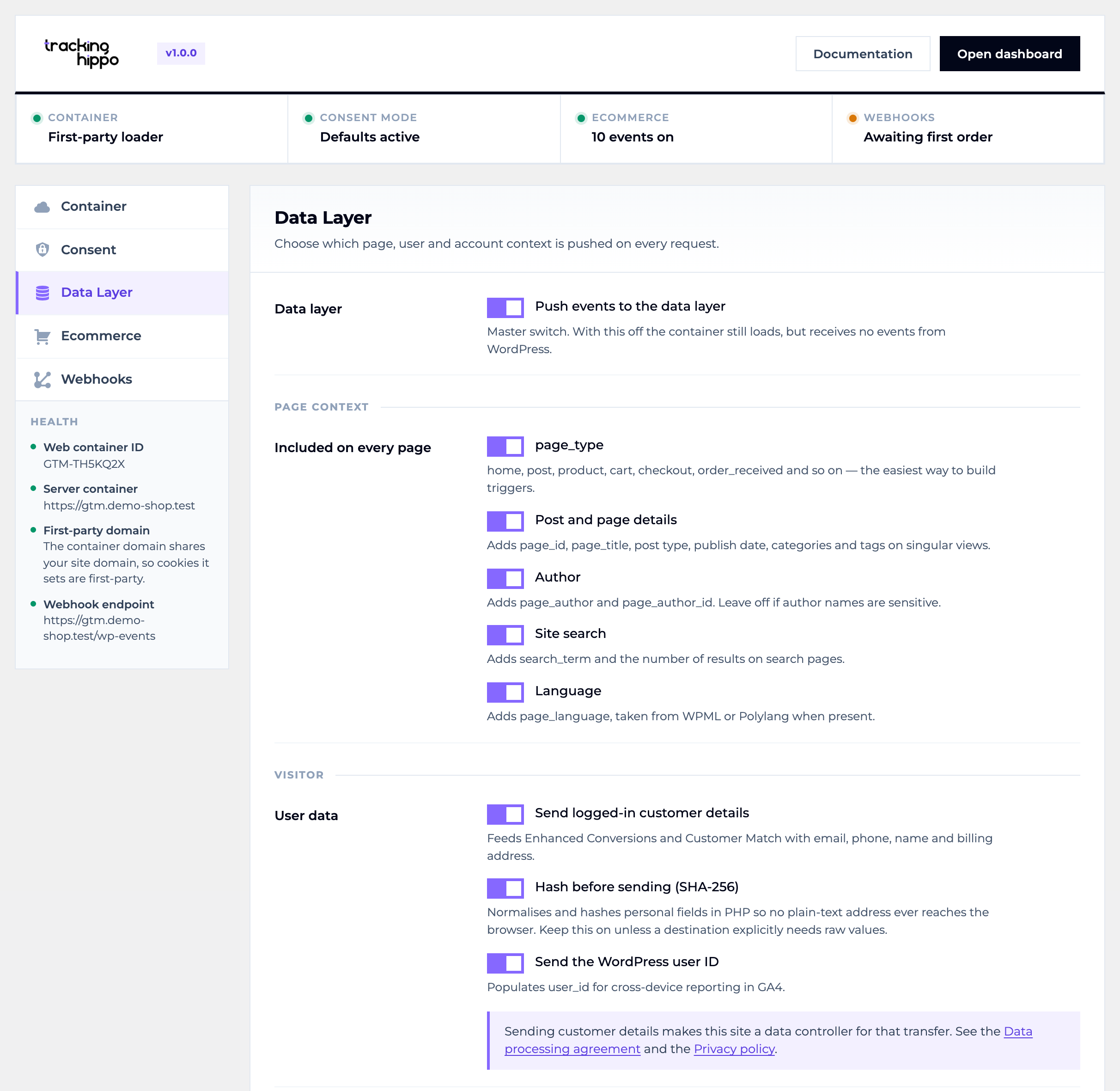 The base data layer — page, post, author, search and language context, plus logged-in customer details, SHA-256 hashing and the WordPress user ID.