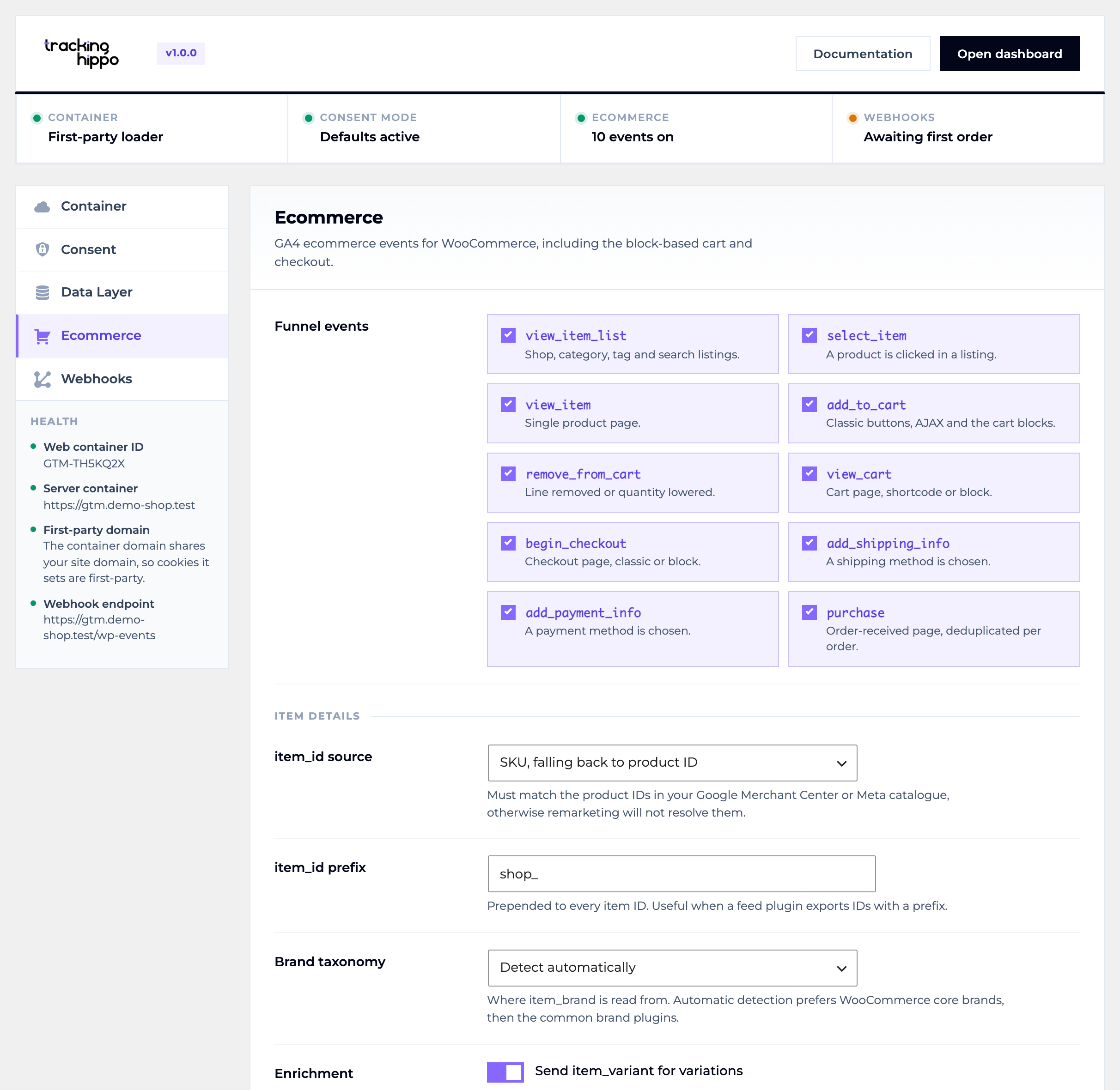 The complete GA4 ecommerce funnel for WooCommerce, with the item_id source, an item prefix and the brand taxonomy used for item_brand.