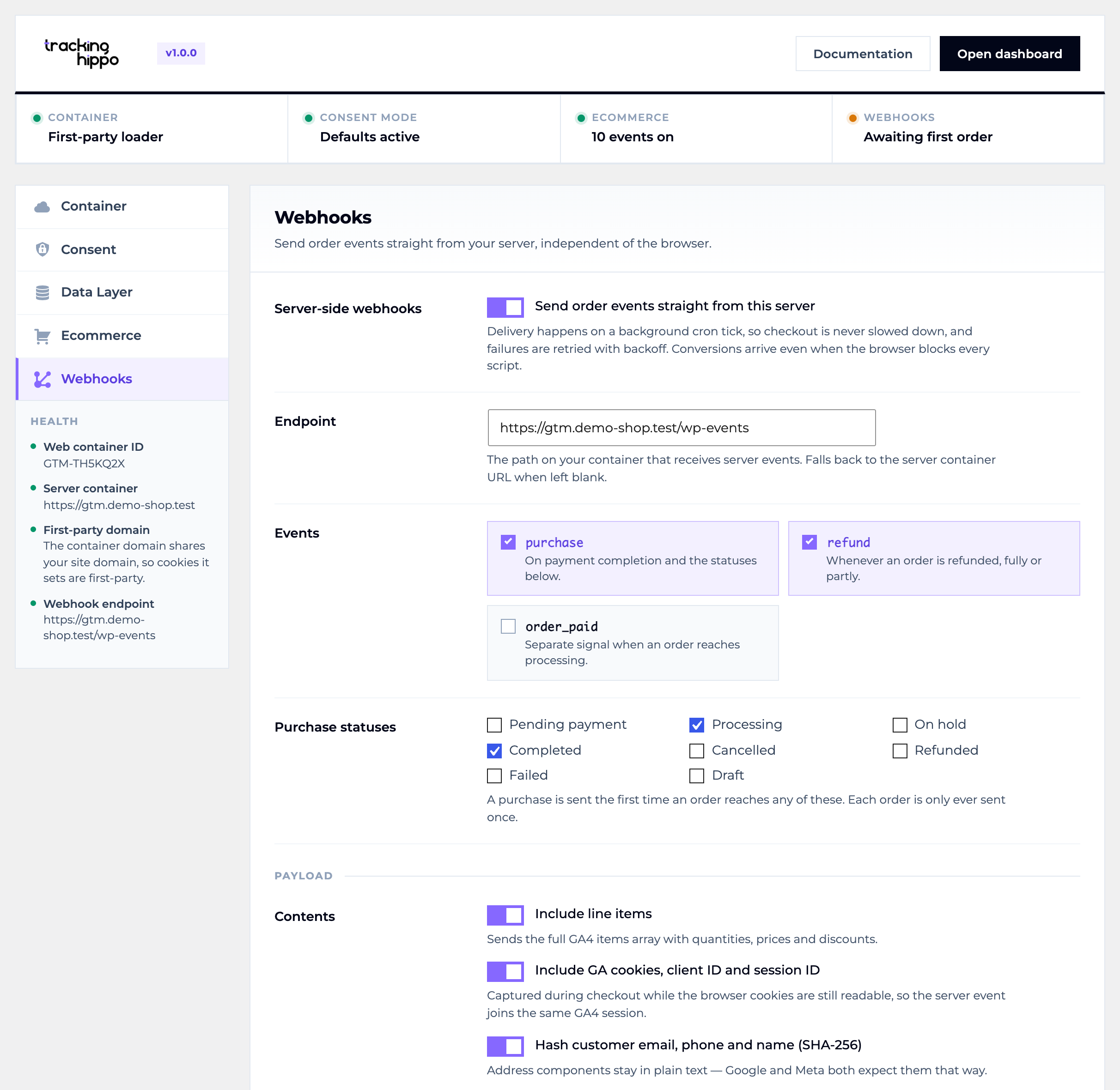 Server-side webhooks — endpoint, the events to send, which order statuses count as a purchase, and exactly what the payload carries.