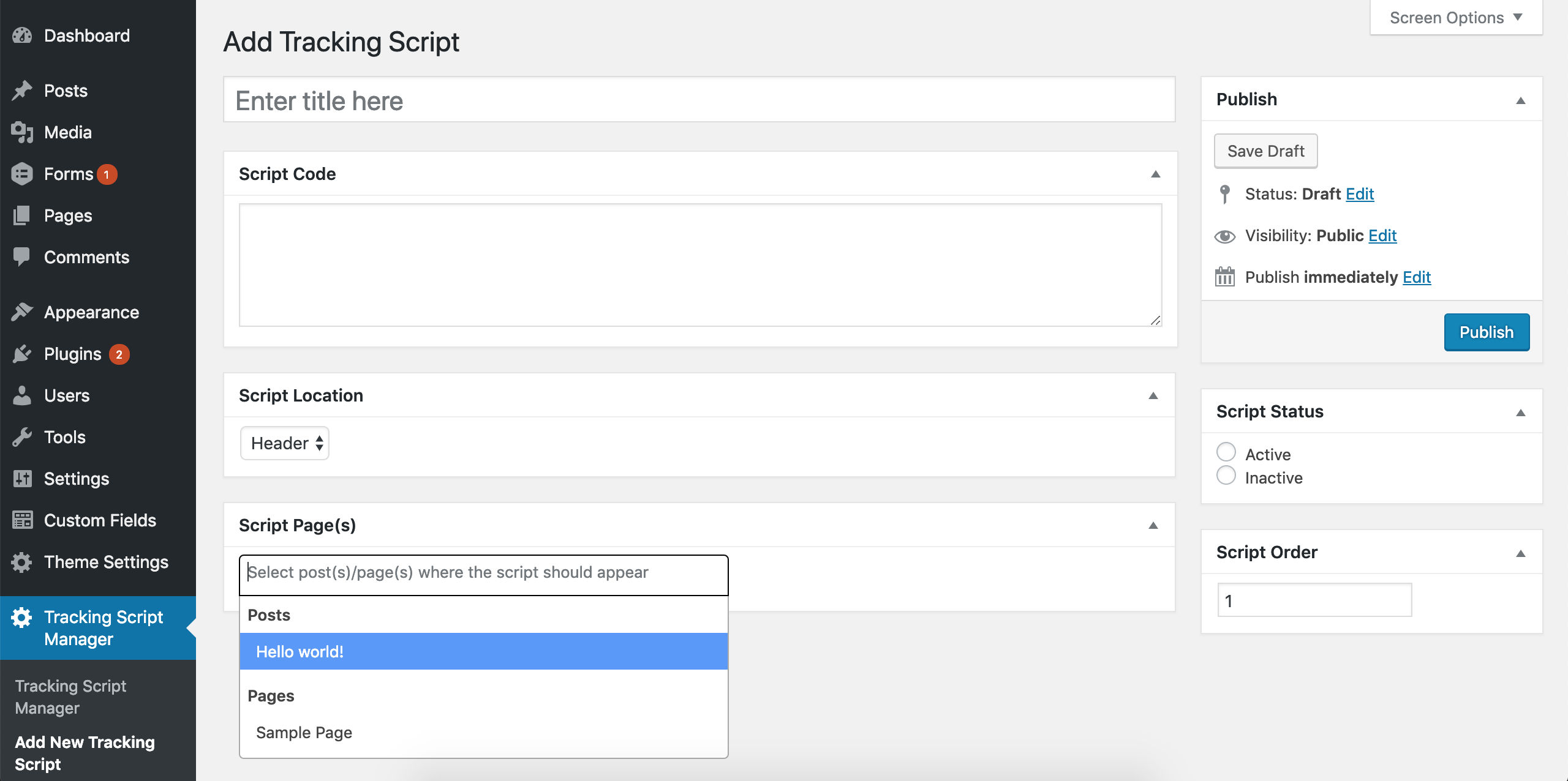 Add a new Tracking Script to a specific post or page (including custom post types).