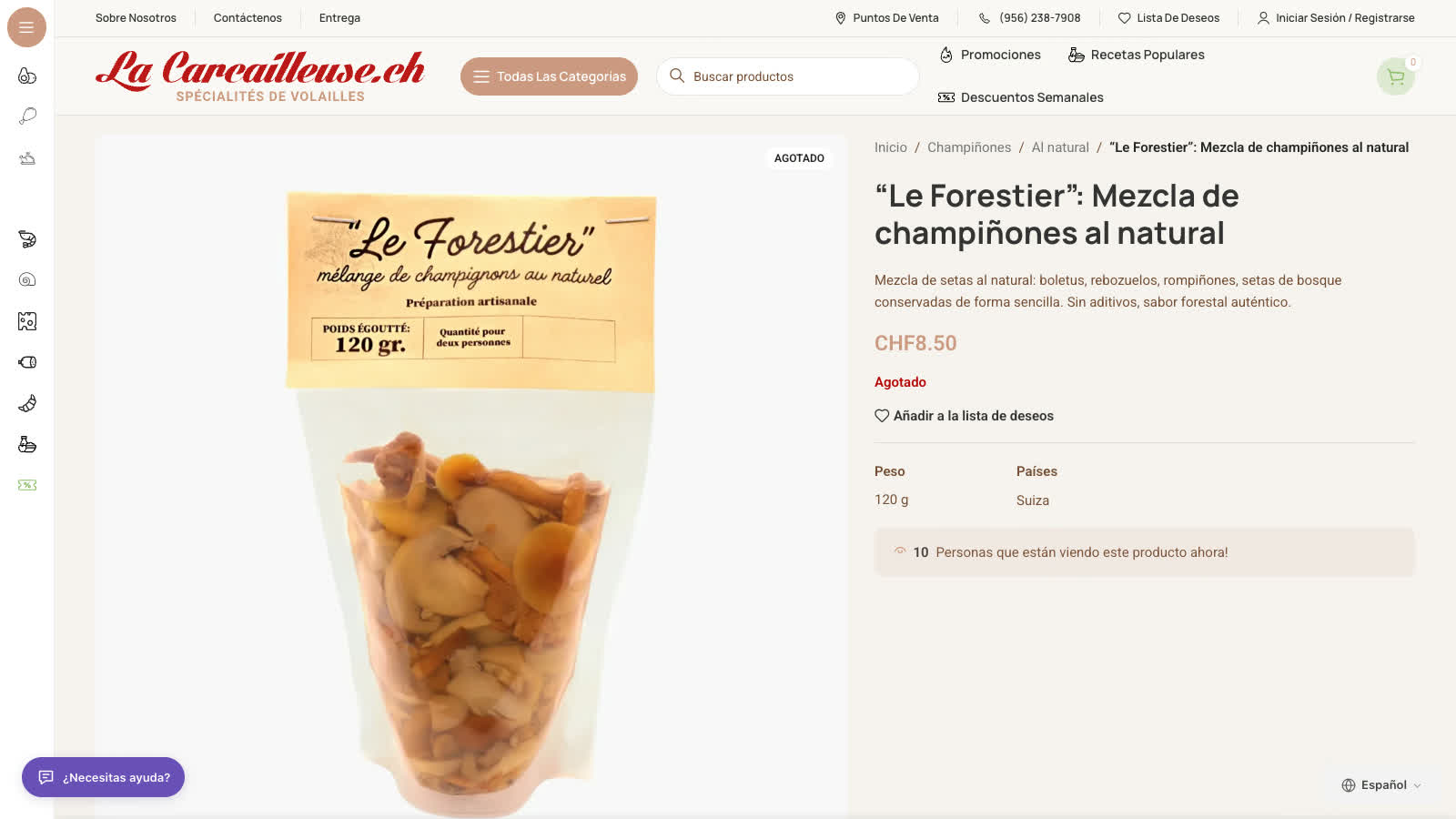 A real WooCommerce product page translated into Spanish, with the language selector and assistant launcher on the shop’s own website.