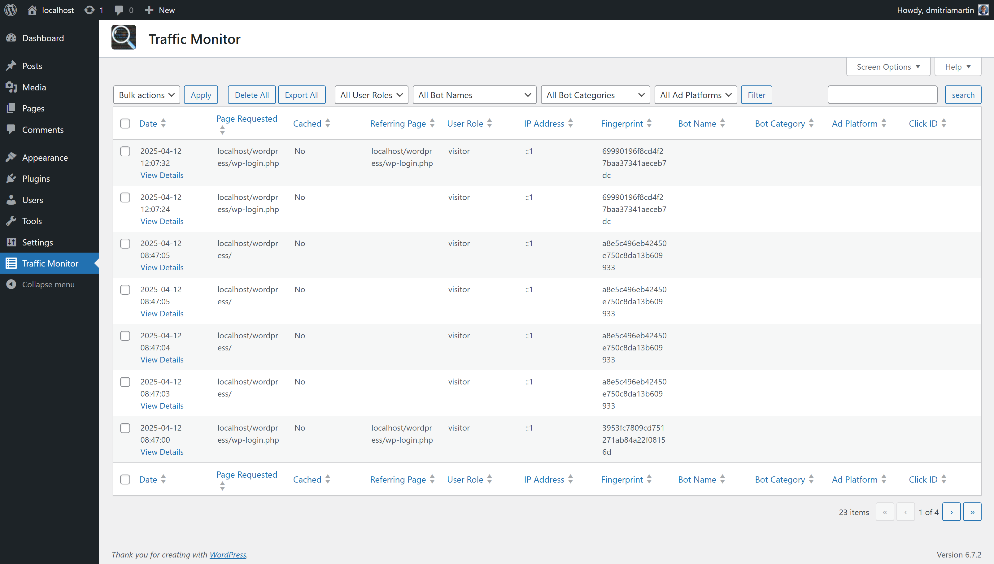 Admin log view – Track all visits with sortable data.