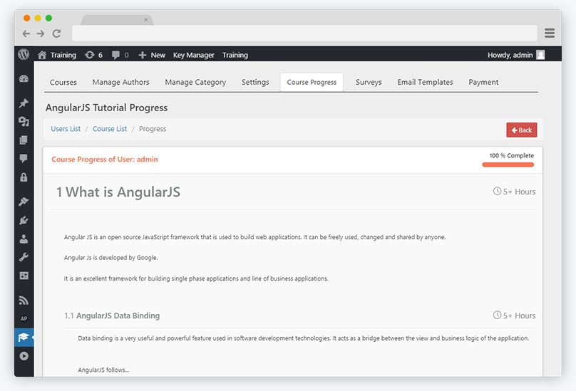 Course progress detail page on wp-admin.