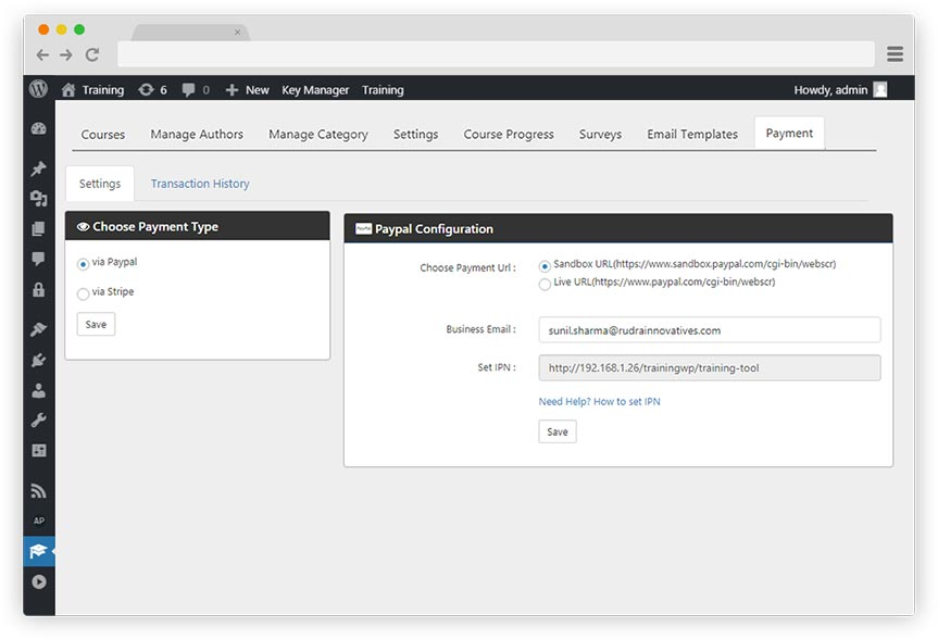 Payment settings page - availble in Permium version.