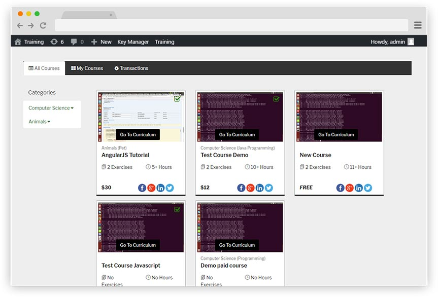 Grid of courses created by admin on frontend.