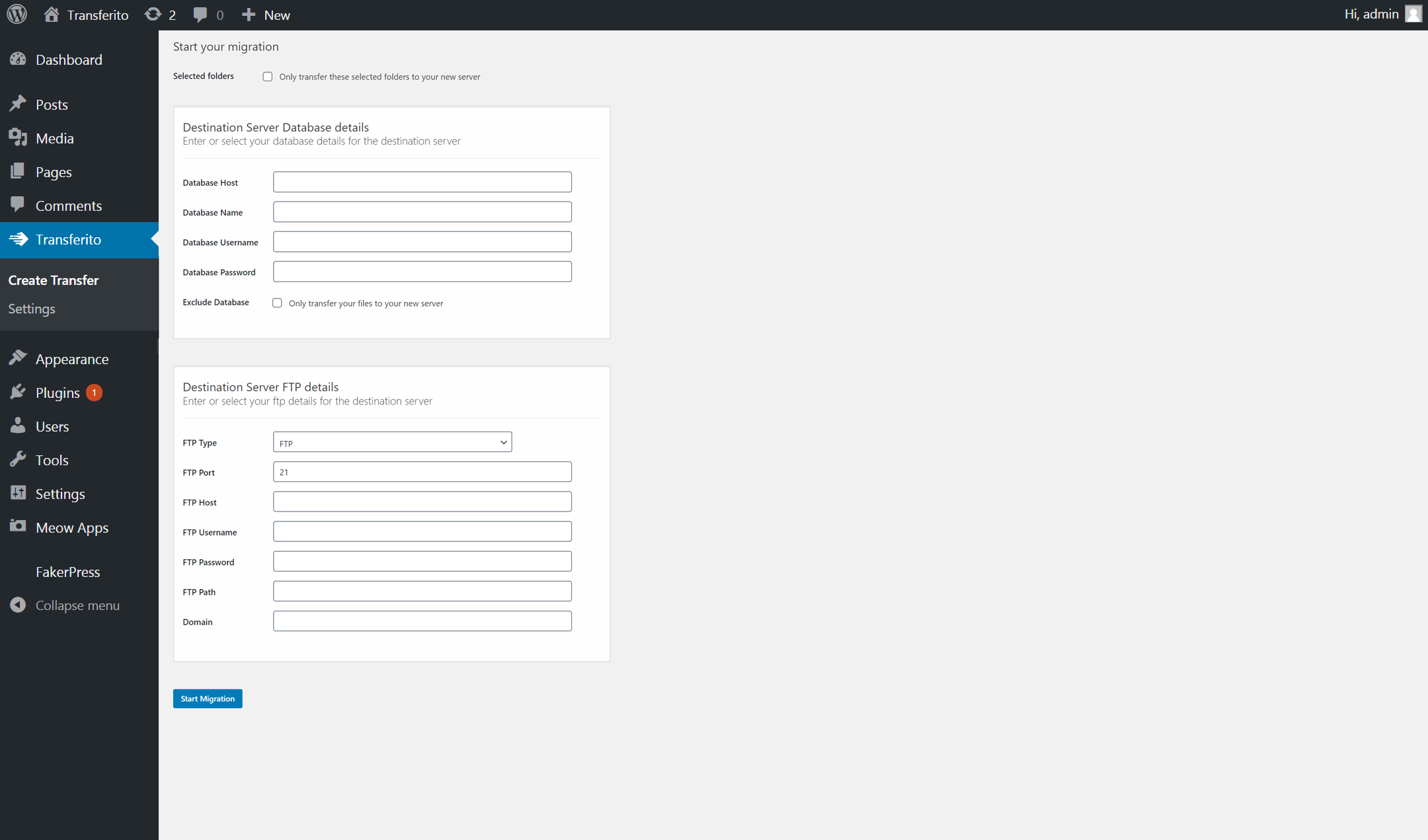 Start a manual migration directly from the WordPress dashboard