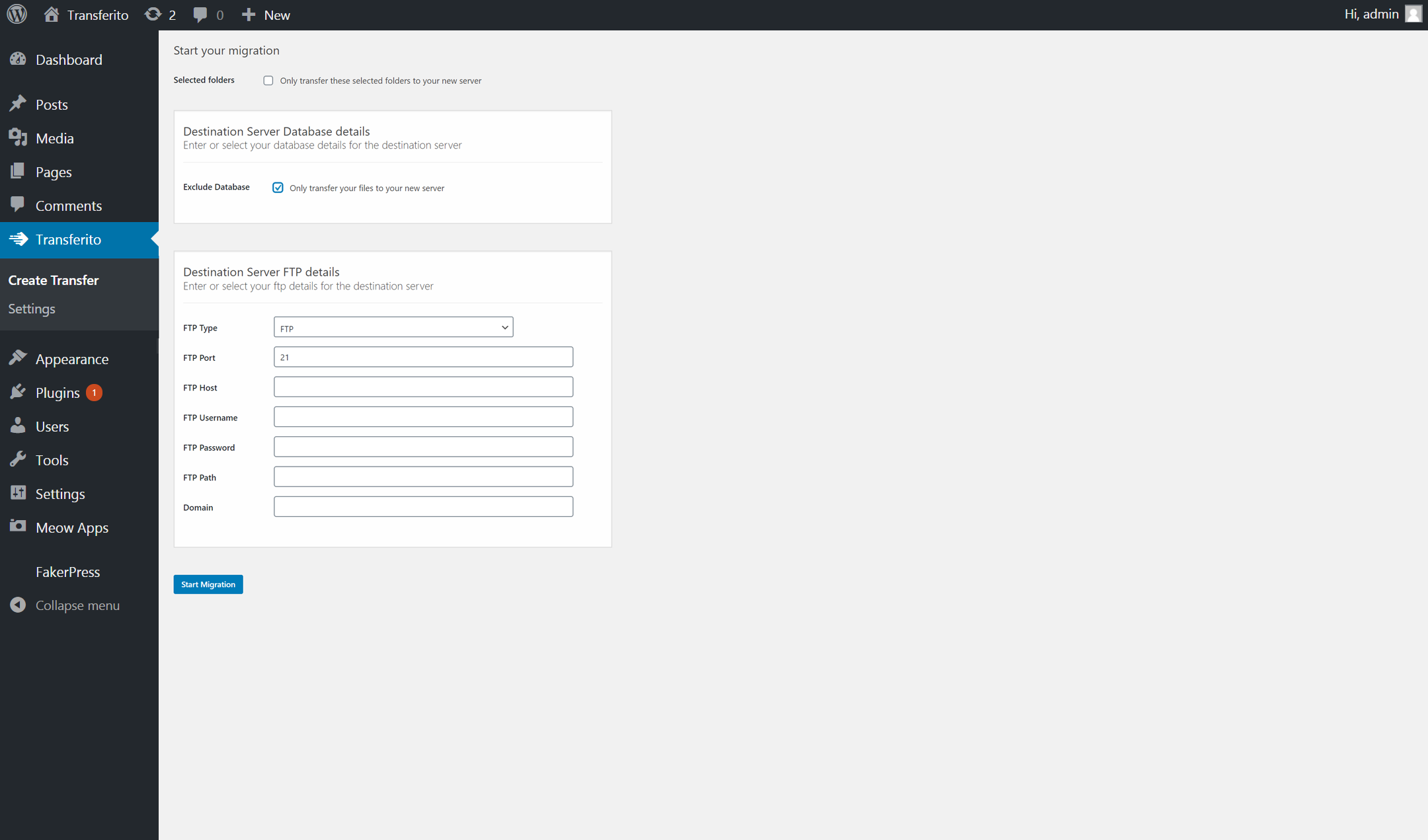 Exclude migrating your database and only migrate yor WordPress files and folders