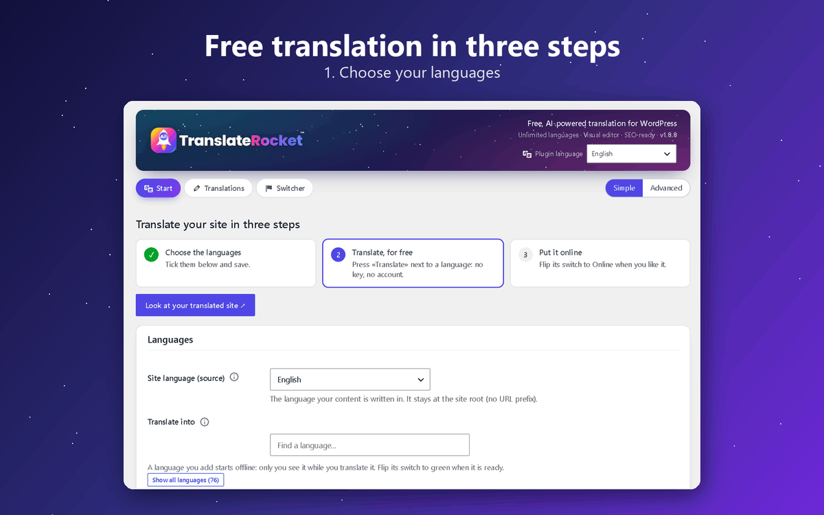 Free translation in three steps: choose your languages, press Translate, put them online. Your own browser (Chrome or Edge) translates for free, with no API key and no account; free AI accounts or your own keys are there when you want more.
