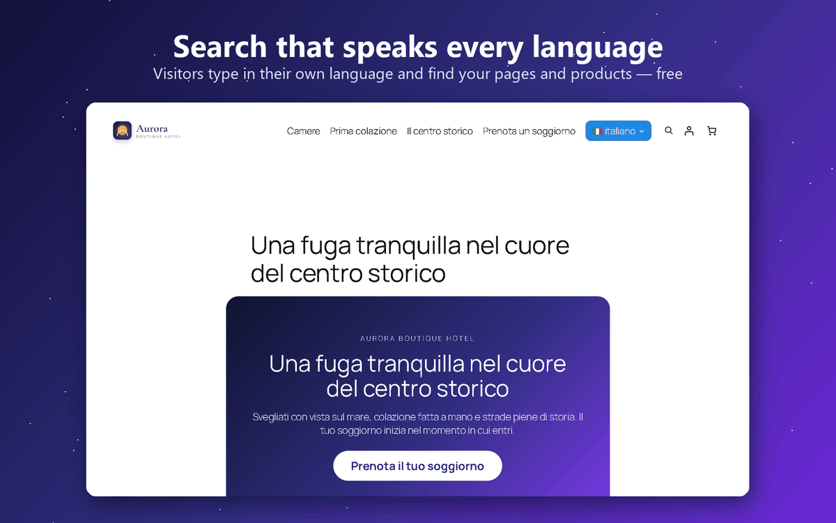 A free search box that speaks every language: visitors type in their own language and find your pages, posts and products, with suggestions as they type. Add it to your menu, as a block or with a shortcode.