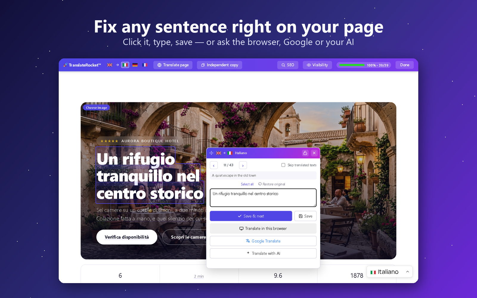 Click any sentence on your page to fix it: type it yourself, or ask the browser translator, Google Translate or your AI.