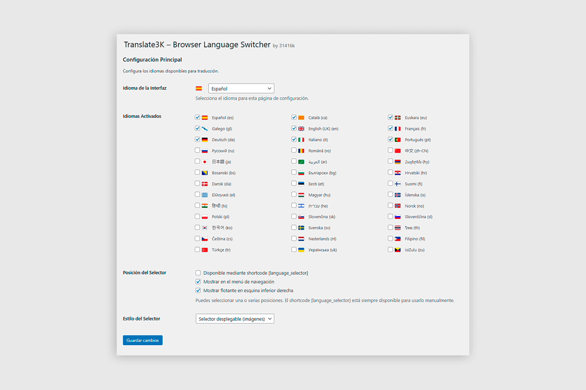 Plugin settings page showing language selection and styles
