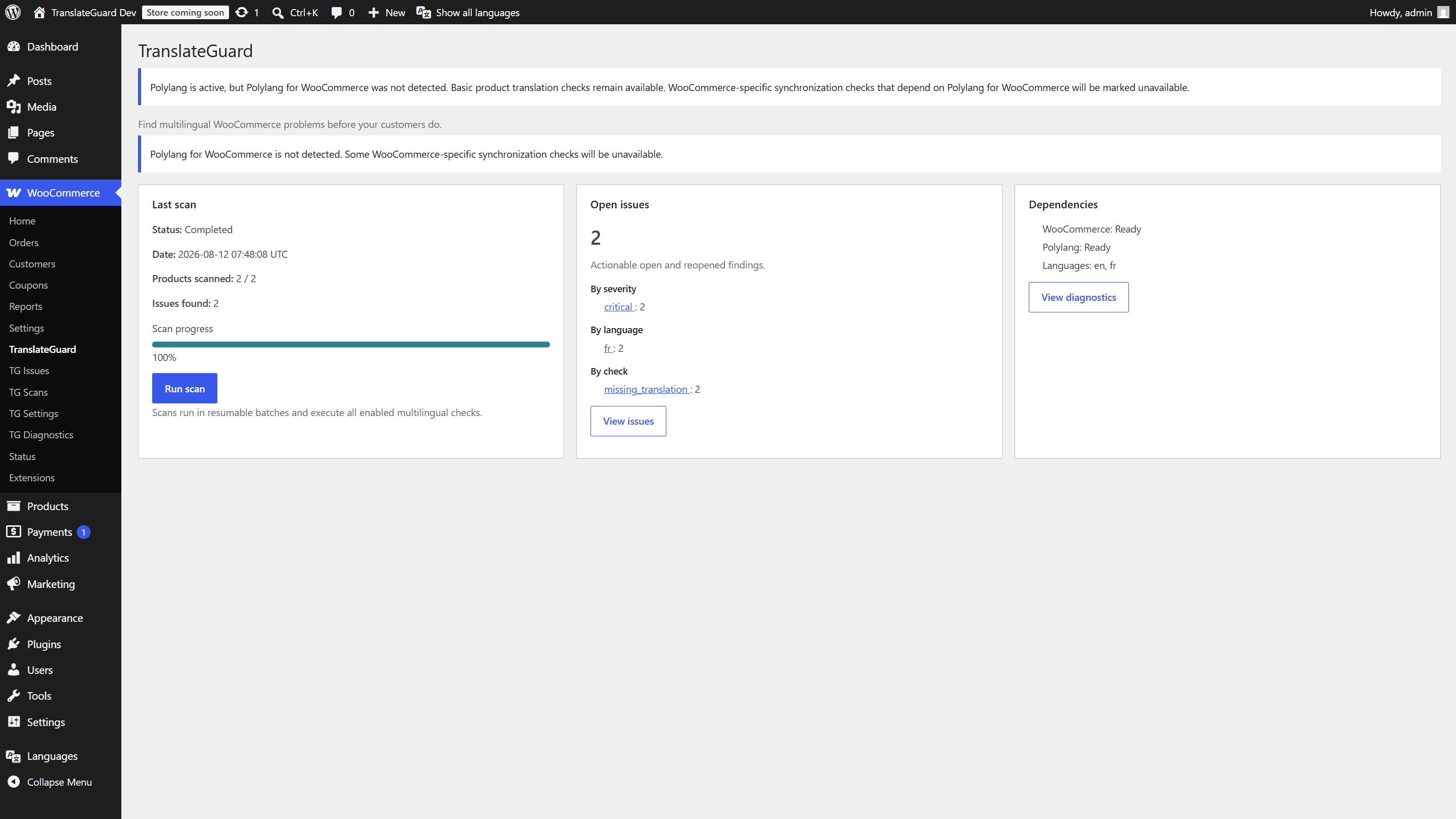 Dashboard with scan progress and open-issue summaries.