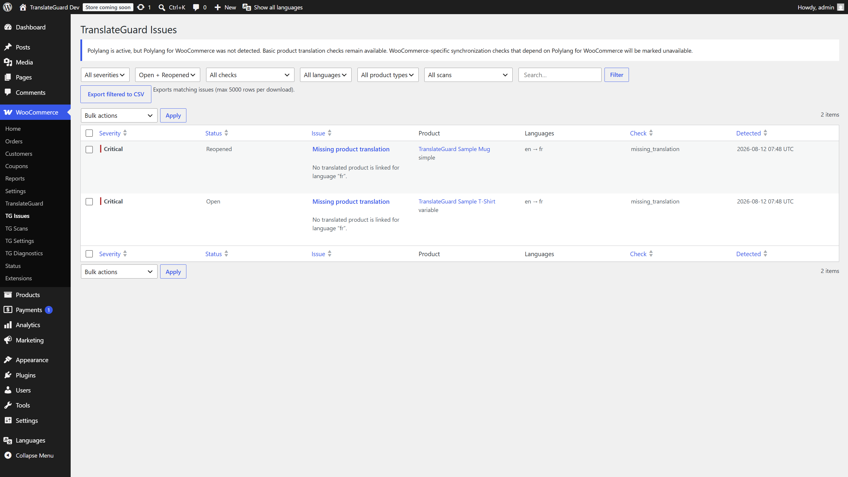 Issues list with filters, bulk actions, and CSV export.