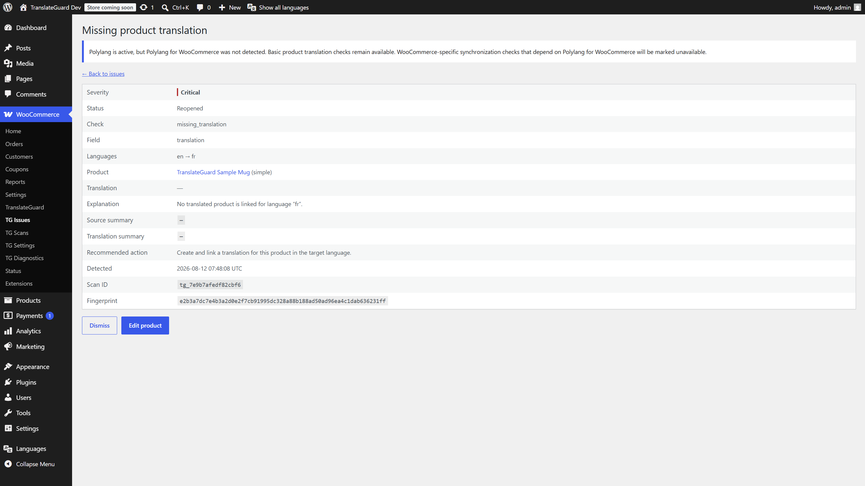 Issue detail with dismiss/reopen and product edit links.