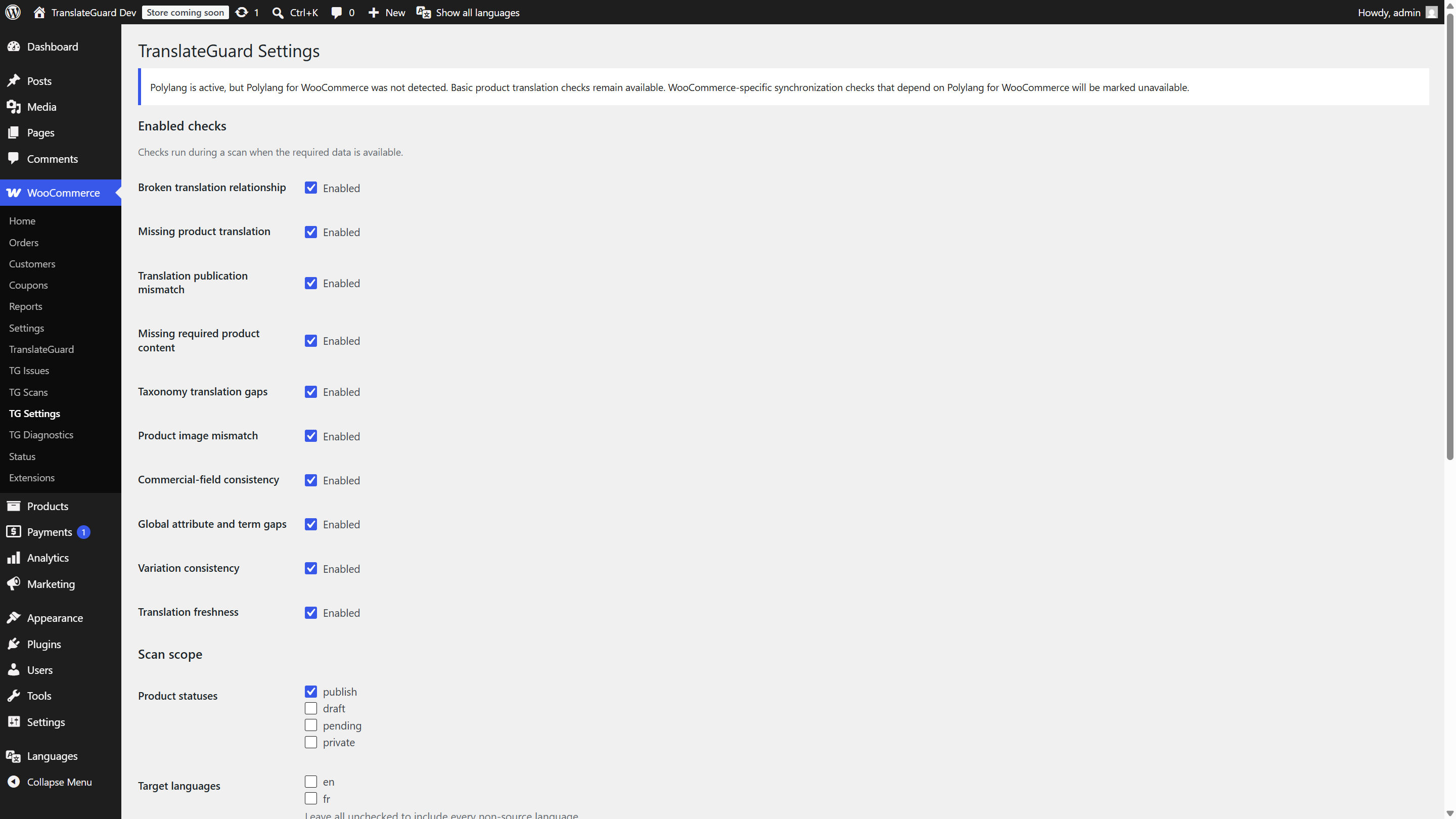 Settings for checks, batch size, retention, and privacy controls.