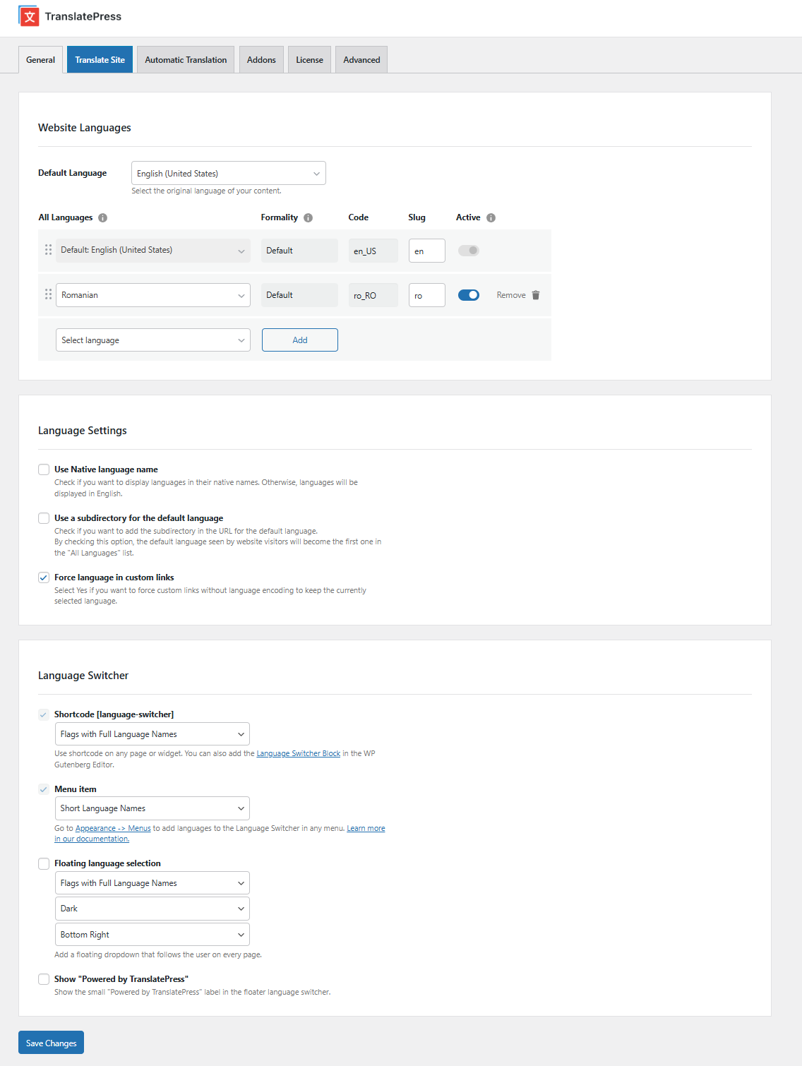 Página de configurações