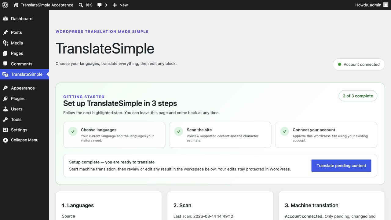 Complete the guided three-step setup: choose languages, scan the site and connect an existing TranslateSimple account.