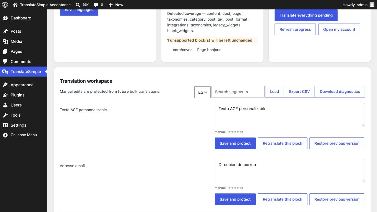 Review every detected segment, edit a translation manually, protect it and retranslate or restore one block when needed.