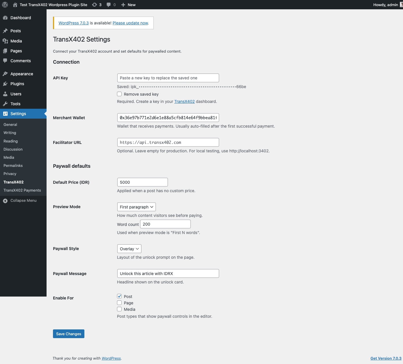 Settings screen — API key, merchant wallet, and paywall defaults