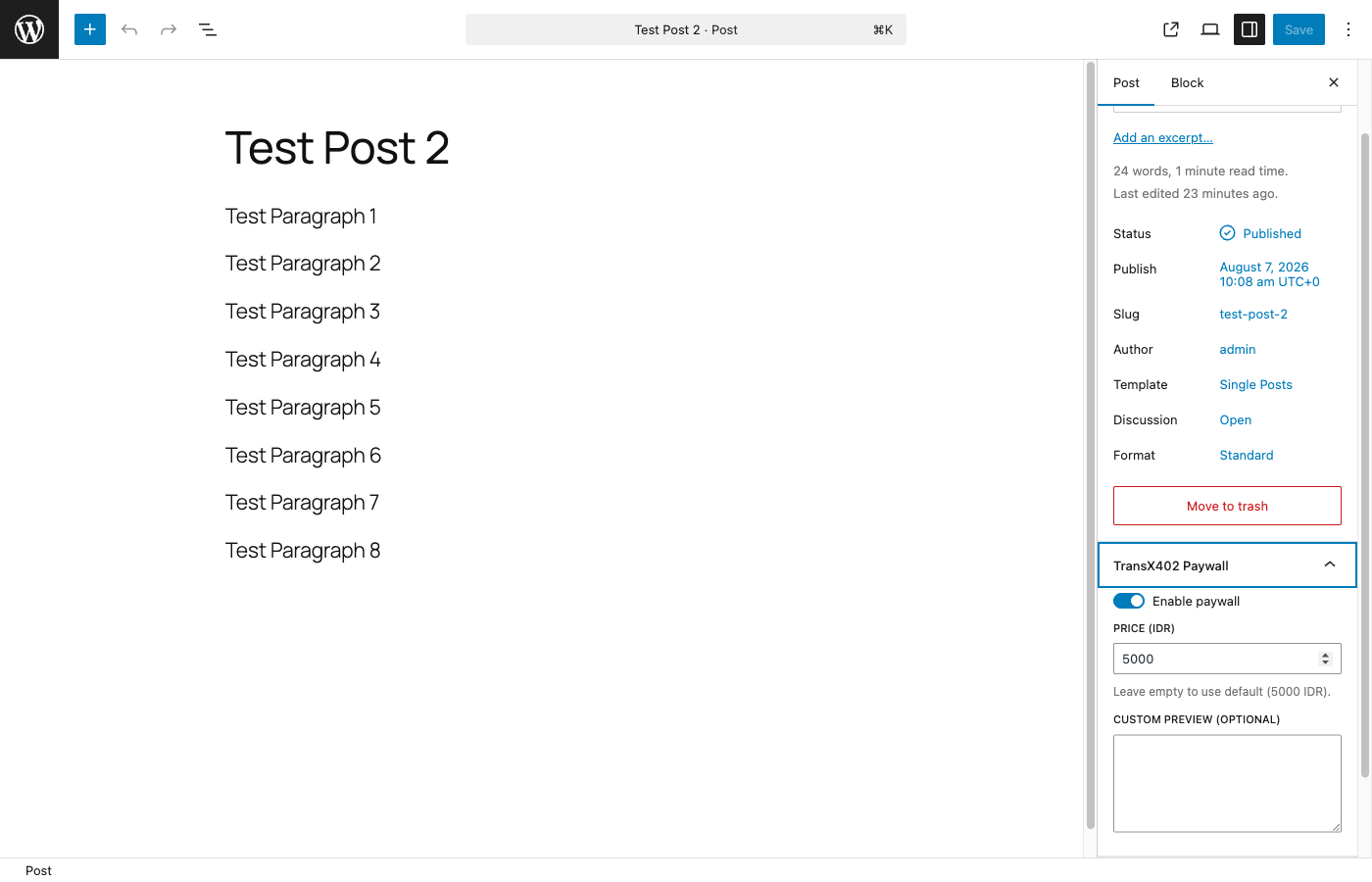 Editor sidebar — enable paywall and set per-post price