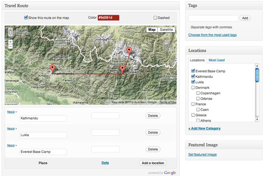Easily add geographical tags on a map when you write a post, and it will automatically create new countries and localities terms. You can also order those locations randomly or by date to define your routes.