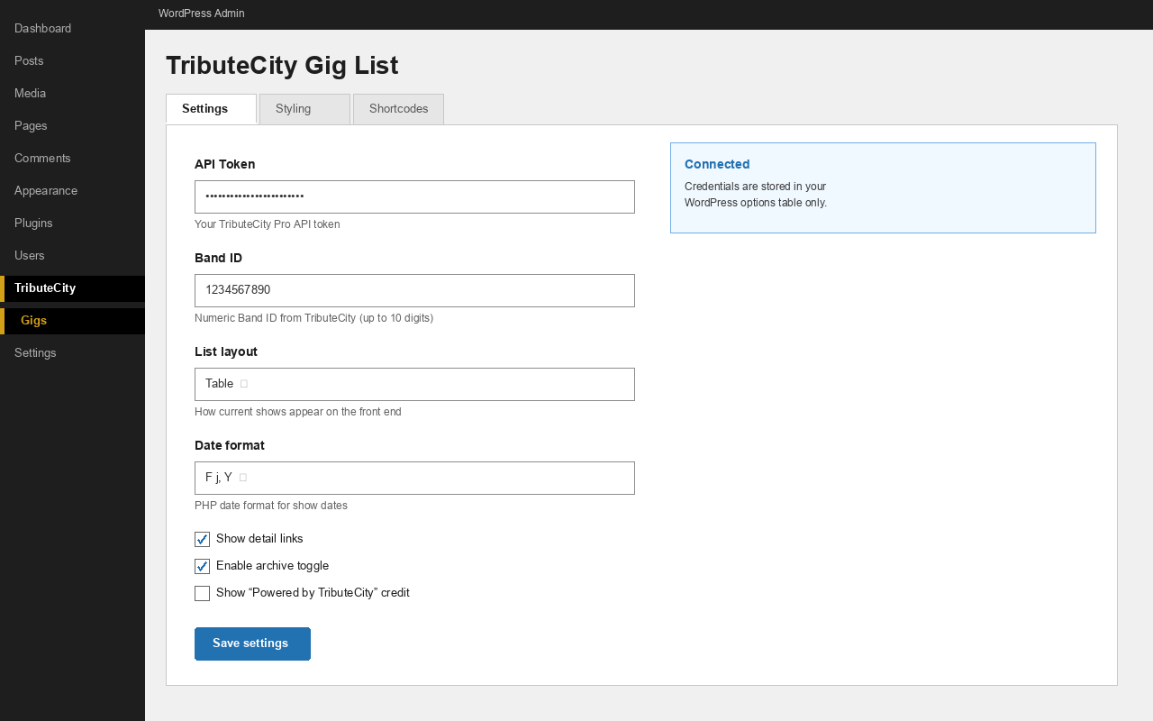 Settings screen for API credentials and display options.