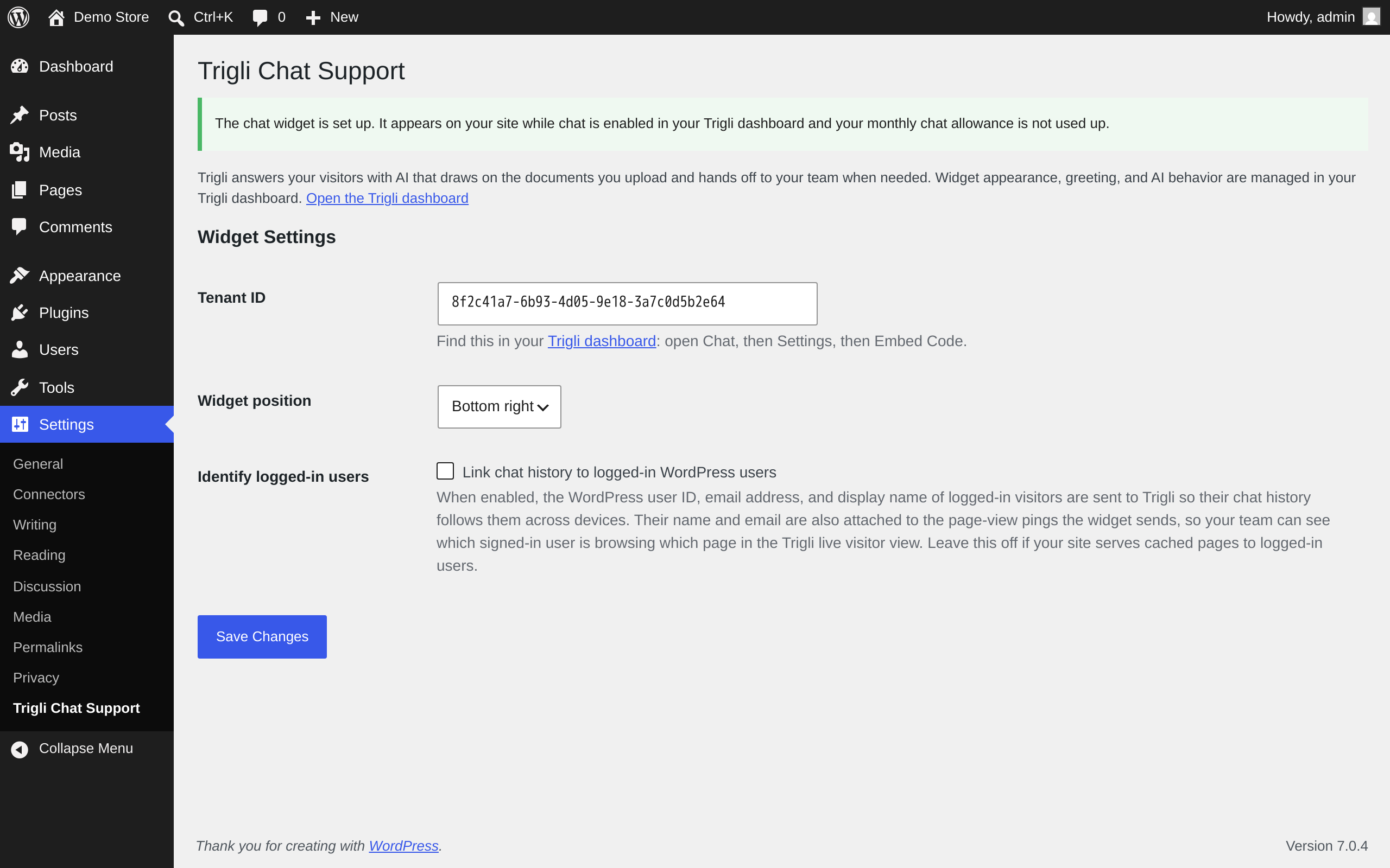The plugin settings page. Paste the Tenant ID from your Trigli dashboard, choose which corner the chat bubble sits in, and optionally link chat history to logged-in WordPress users.