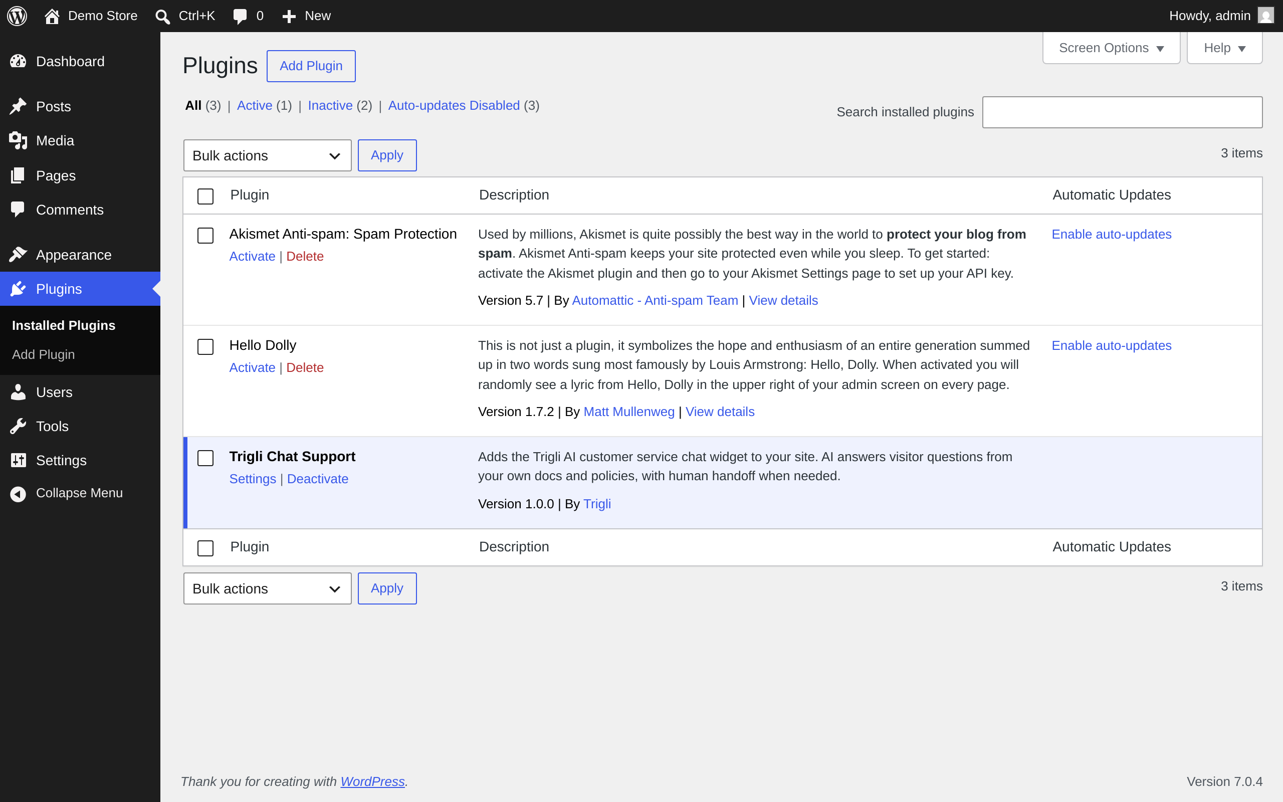 The plugin installed and active. Everything else, including widget appearance, greeting, tone, and AI behavior, is managed in your Trigli dashboard.