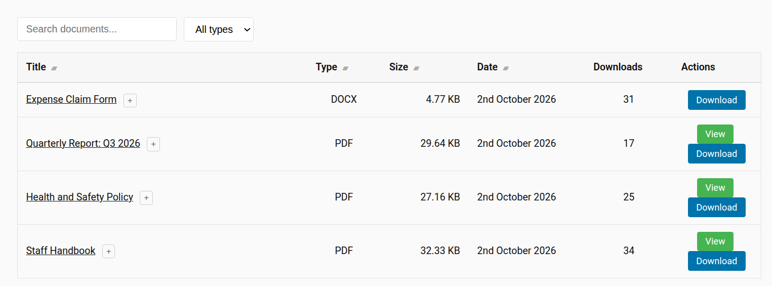 Searchable document library on the frontend, with View and Download buttons and a file type filter.