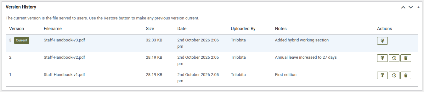 Version history with download, restore and delete for each version.