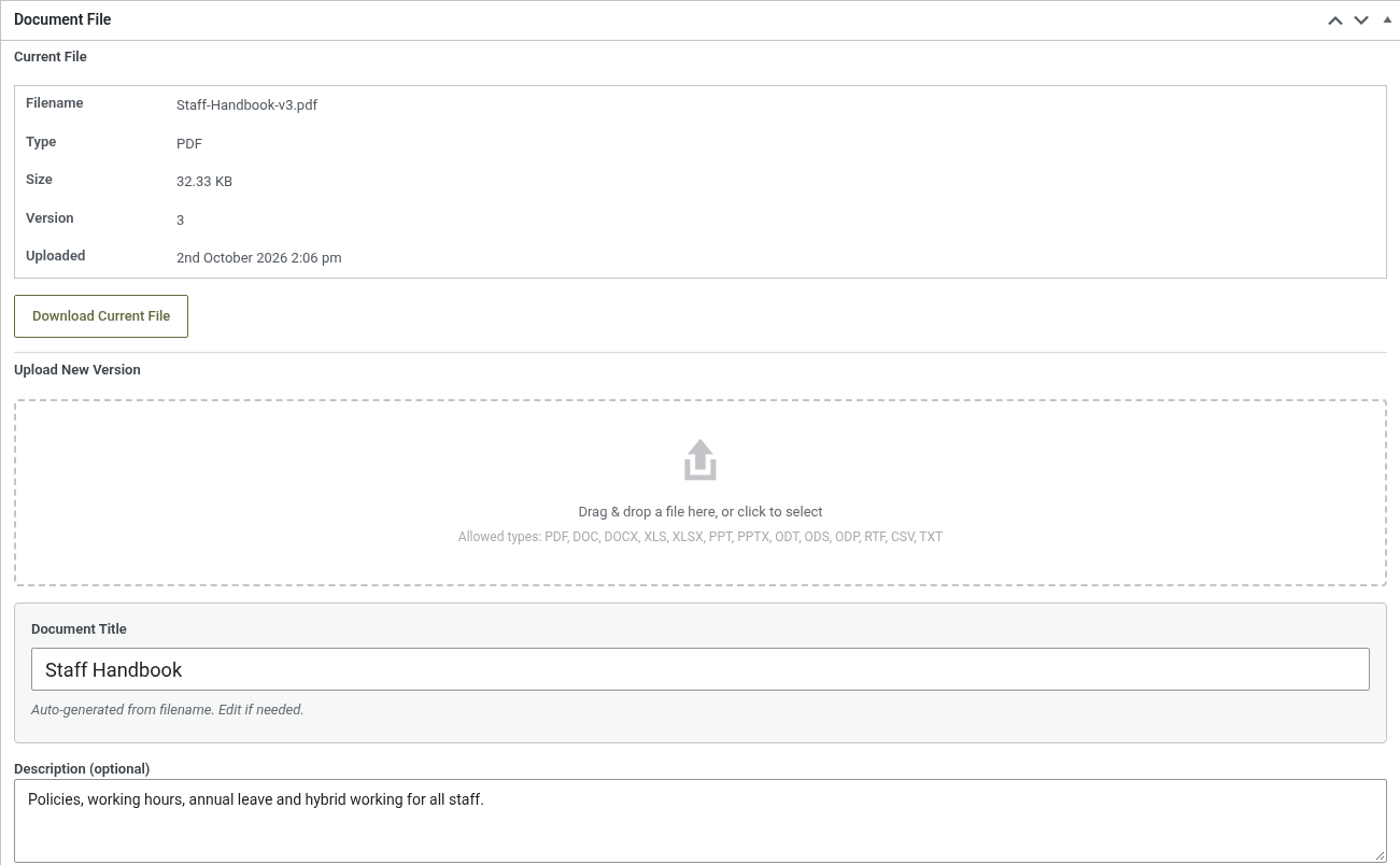Upload a new version: the download link stays the same.