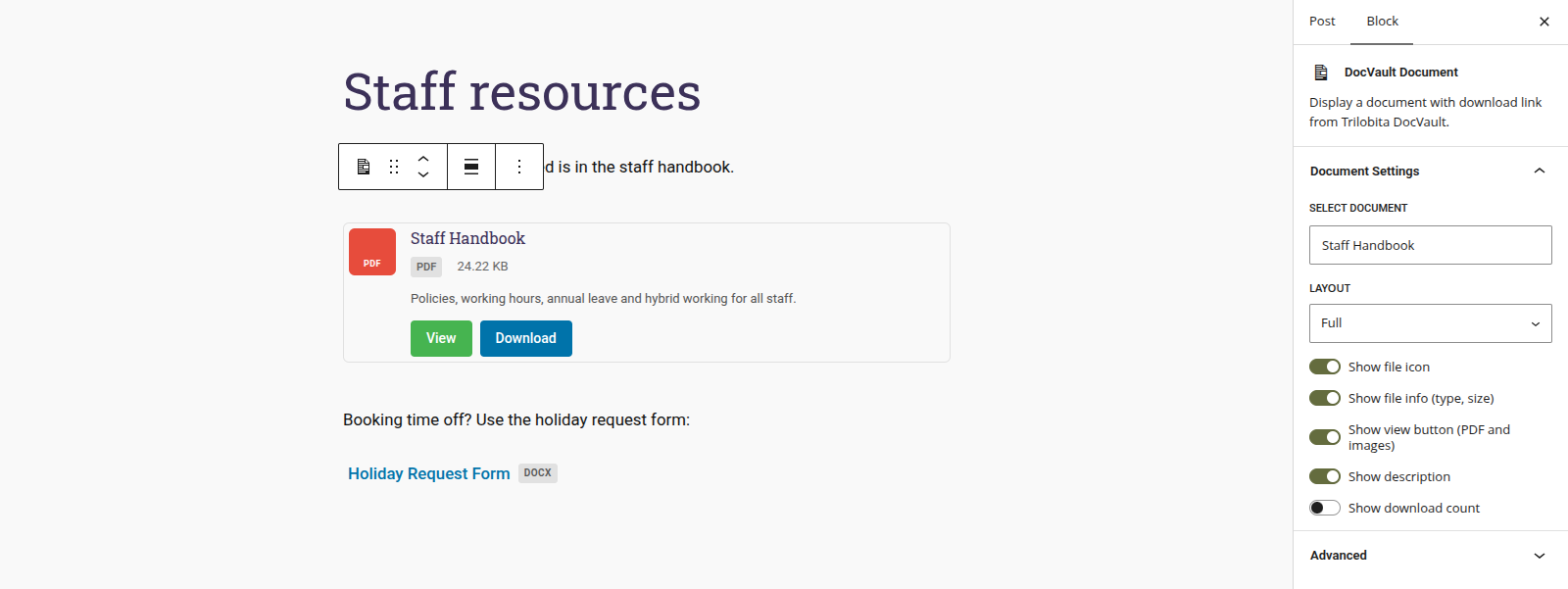 Document block in the block editor, with layout and display options.