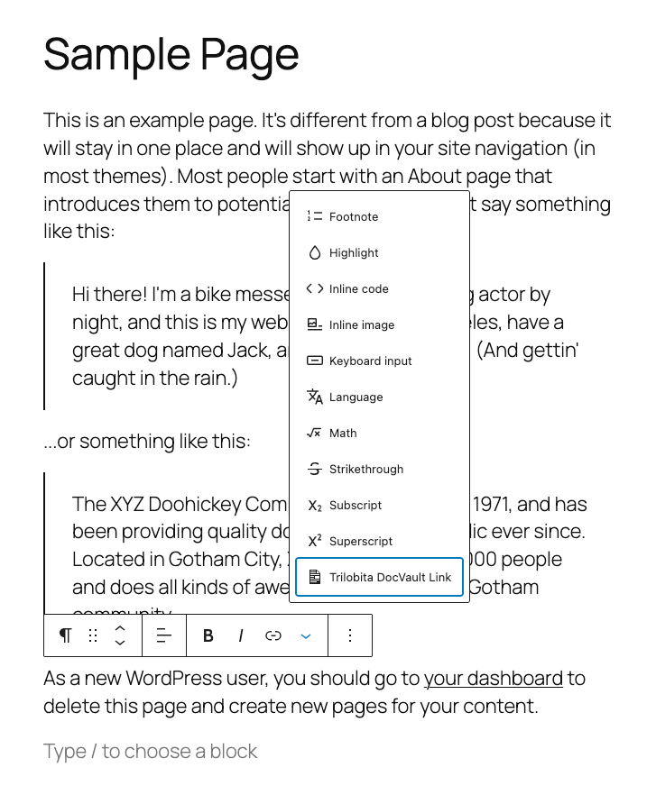 Document link toolbar button for linking selected text to a document download.