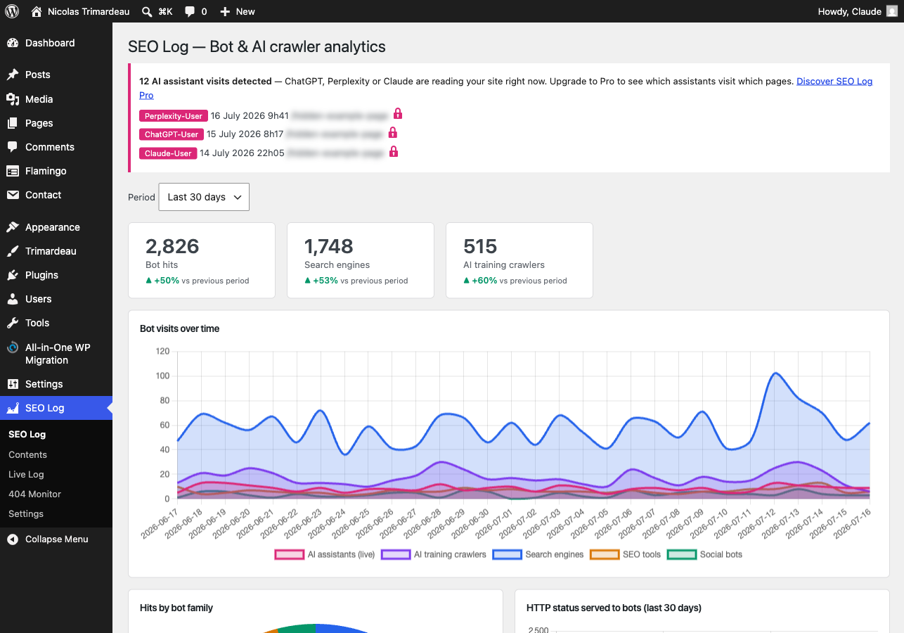 Dashboard: bot visits over time, trends, bot families and crawl heatmap.