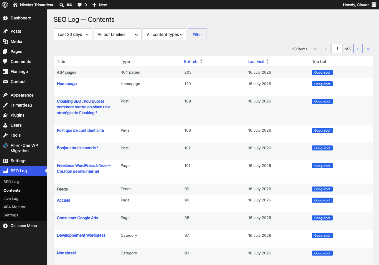 Contents: every content visited by bots, sortable and filterable.