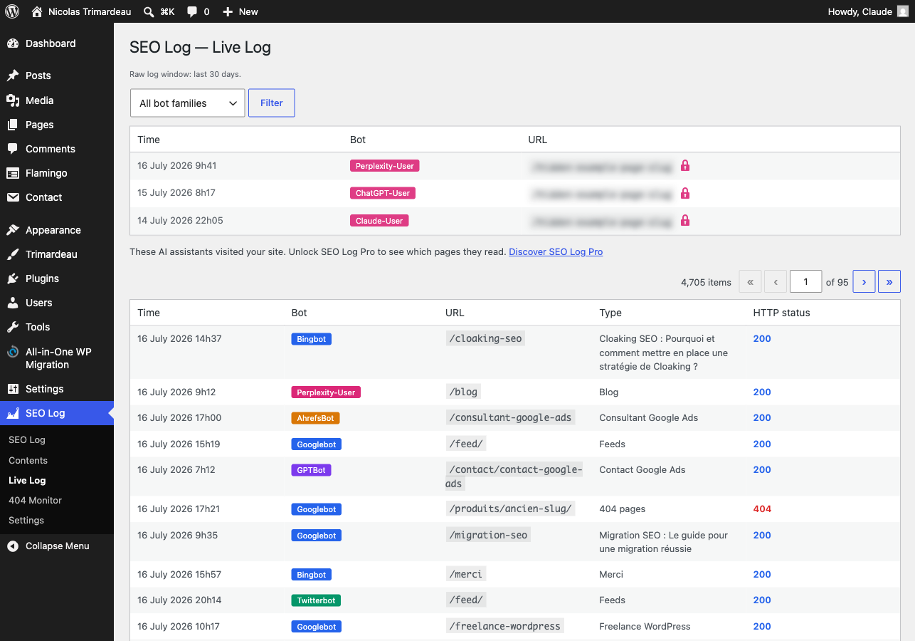Live Log: the raw chronological journal of bot requests.