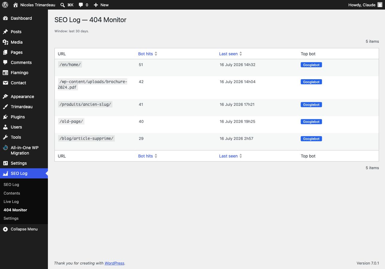 404 Monitor: broken URLs that bots keep hitting.
