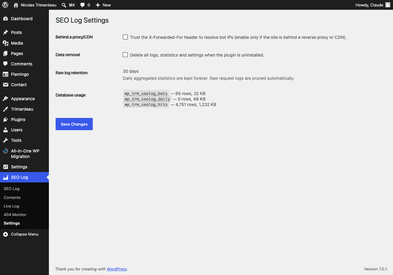 Settings: retention, proxy support and database usage.