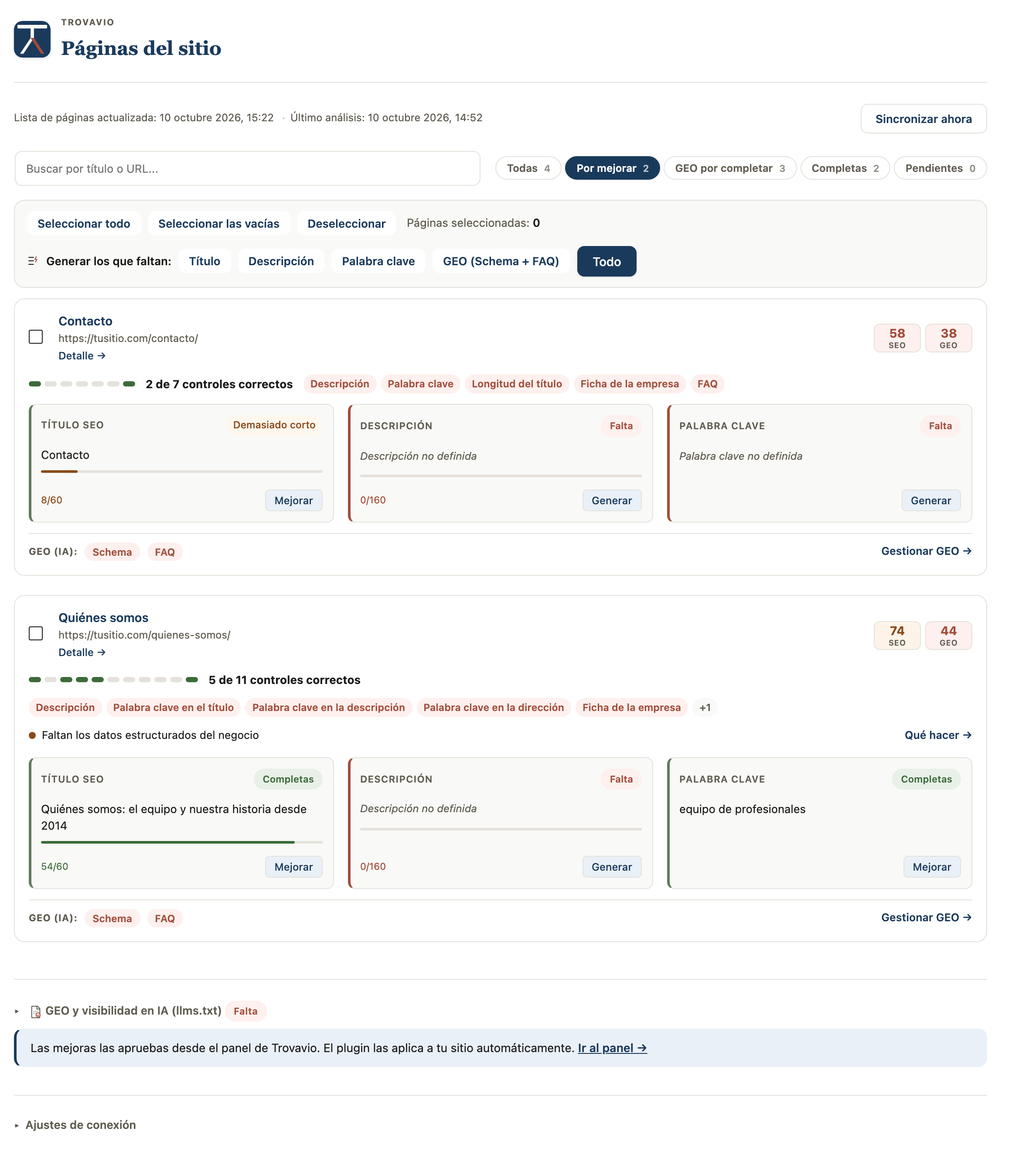 Your pages at a glance: per-page SEO and GEO score, how many checks pass, what is missing in plain words, and a filter for pages that share the same keyword.