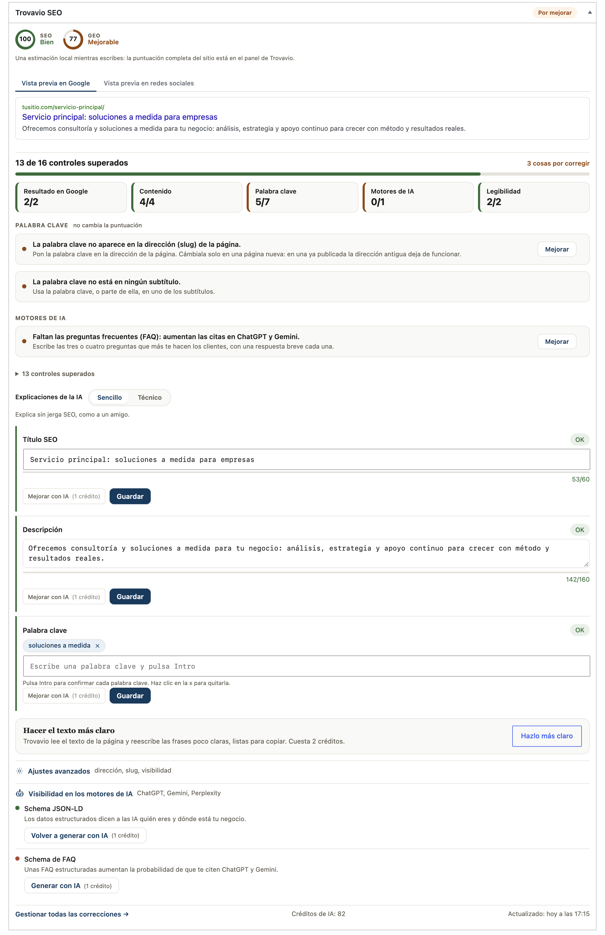 The Trovavio SEO & GEO box inside the WordPress editor: live score, Google preview and only the checks that still need work, without leaving the page you are writing.